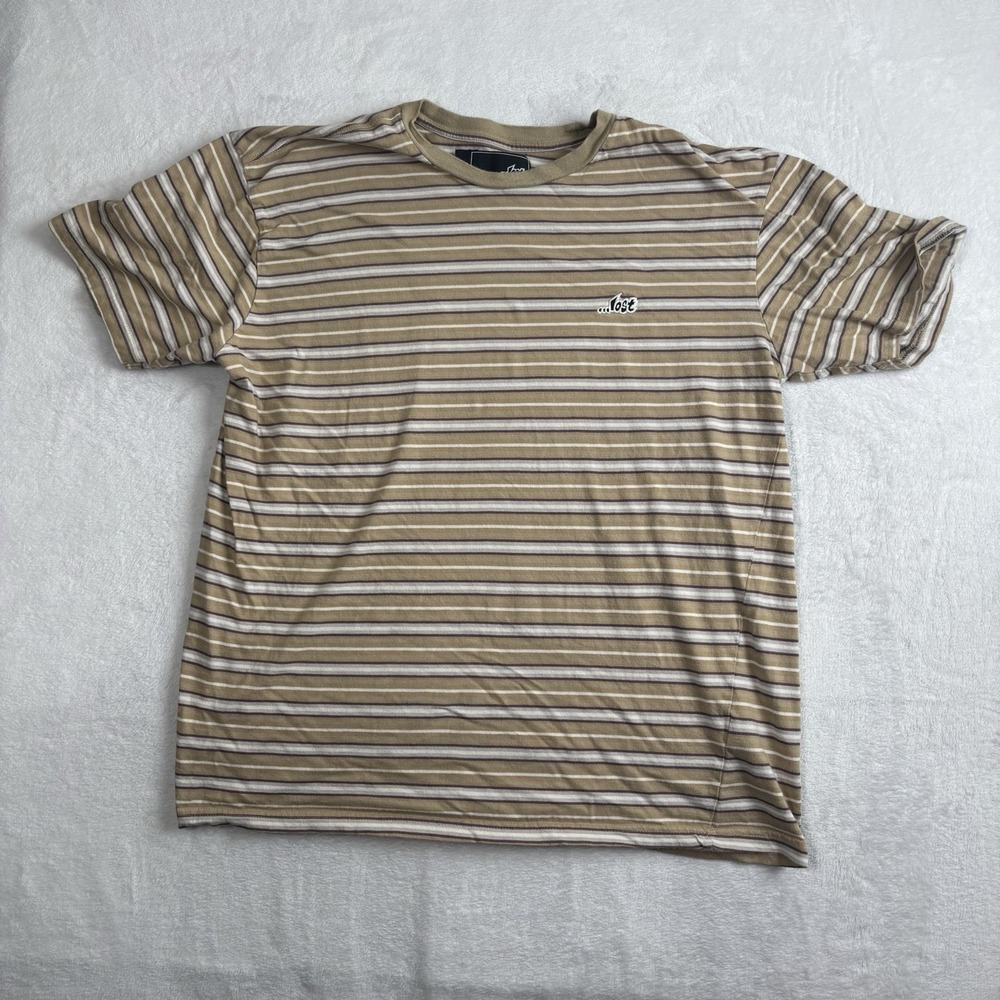 ...Lost Striped Beige White Short Sleeve Pullover Shirt Men's Large